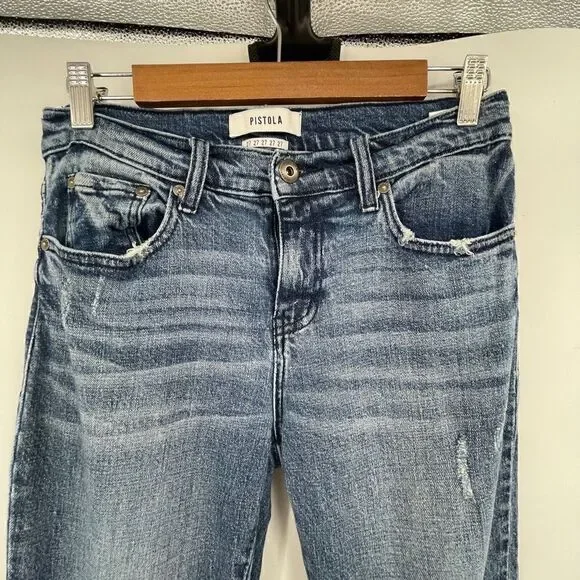 Pistola Blue Flannel Plaid Cuff Cropped Mid Rise Wash Jeans Size 27 - Picture 3 of 11